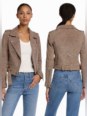 BLANKNYC 100% Suede Leather in Taupe Cropped Moto Jacket Belt & Zipper Detail XS